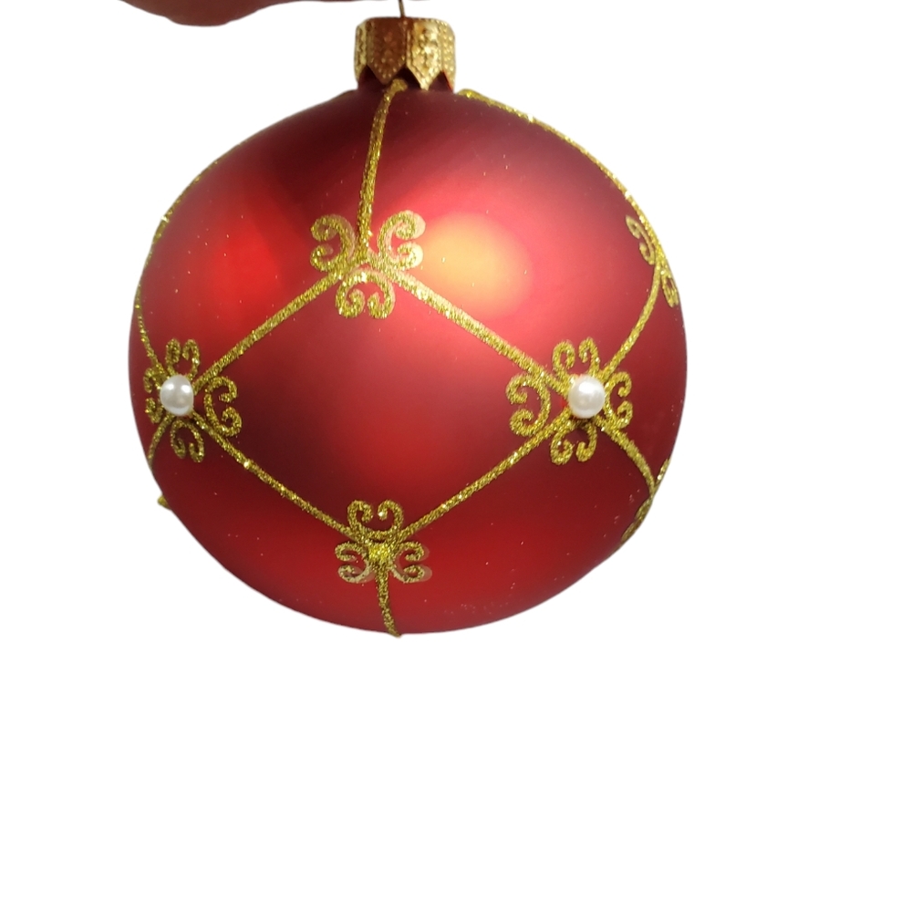 Vitbis Red With Gold Glittery Lattice Pearl Glass Christmas Ornaments 3โ Set 4 - Picture 4 of 9
